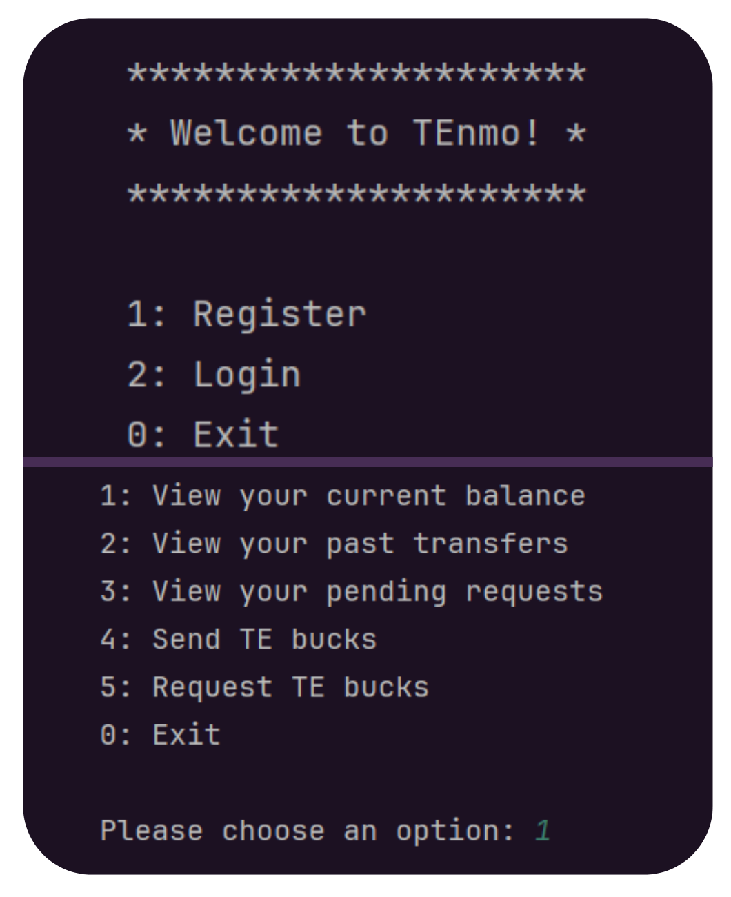 Screenshot of money transfer CLI menus