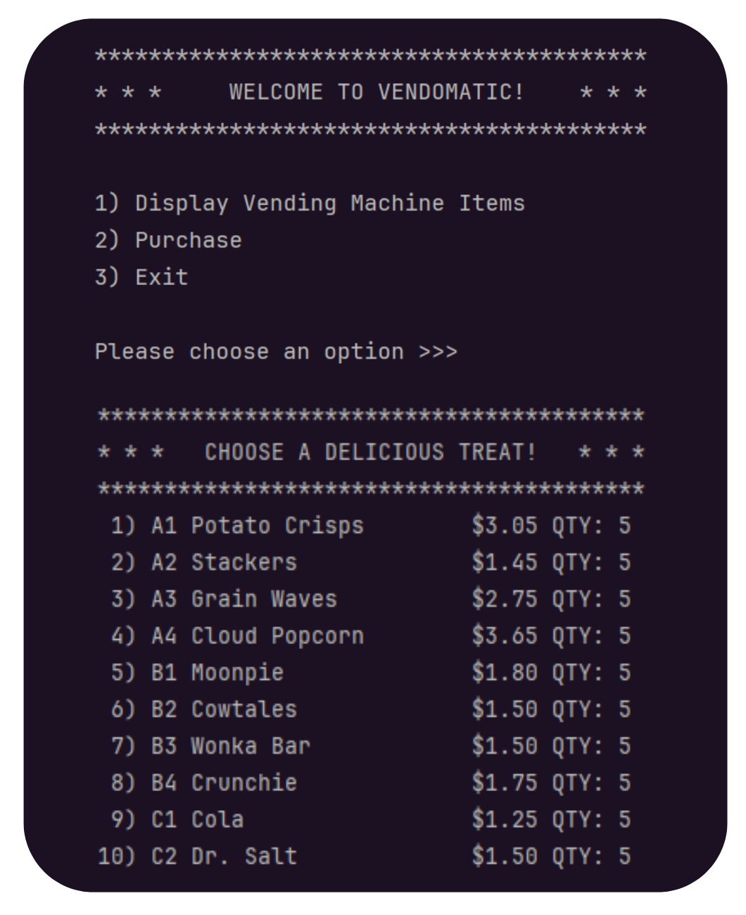Screenshot of Vending machine CLI menus