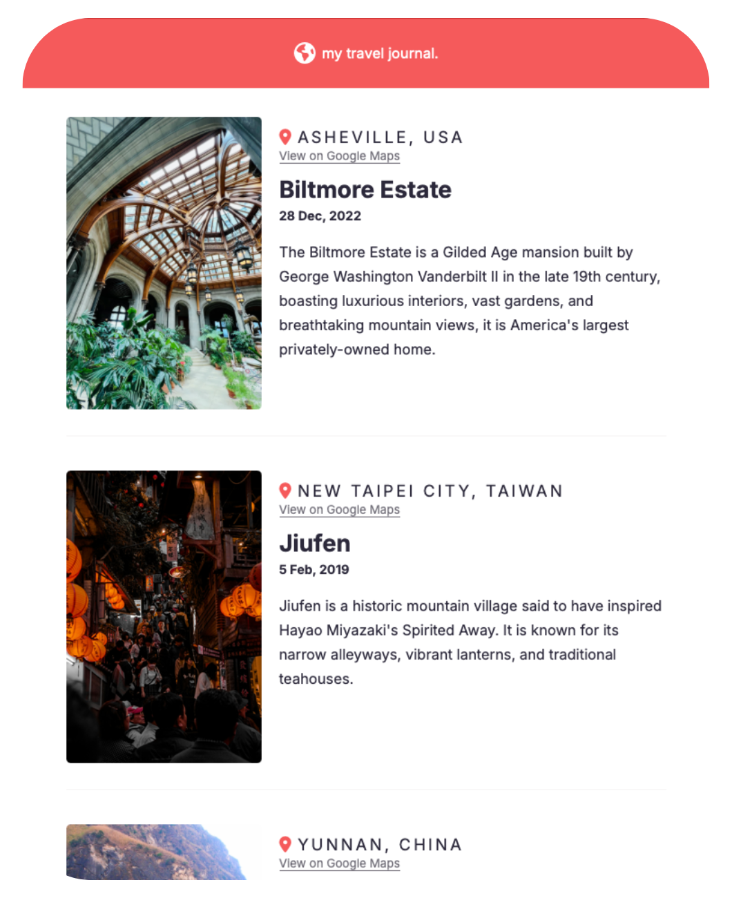 screenshot of travel journal
